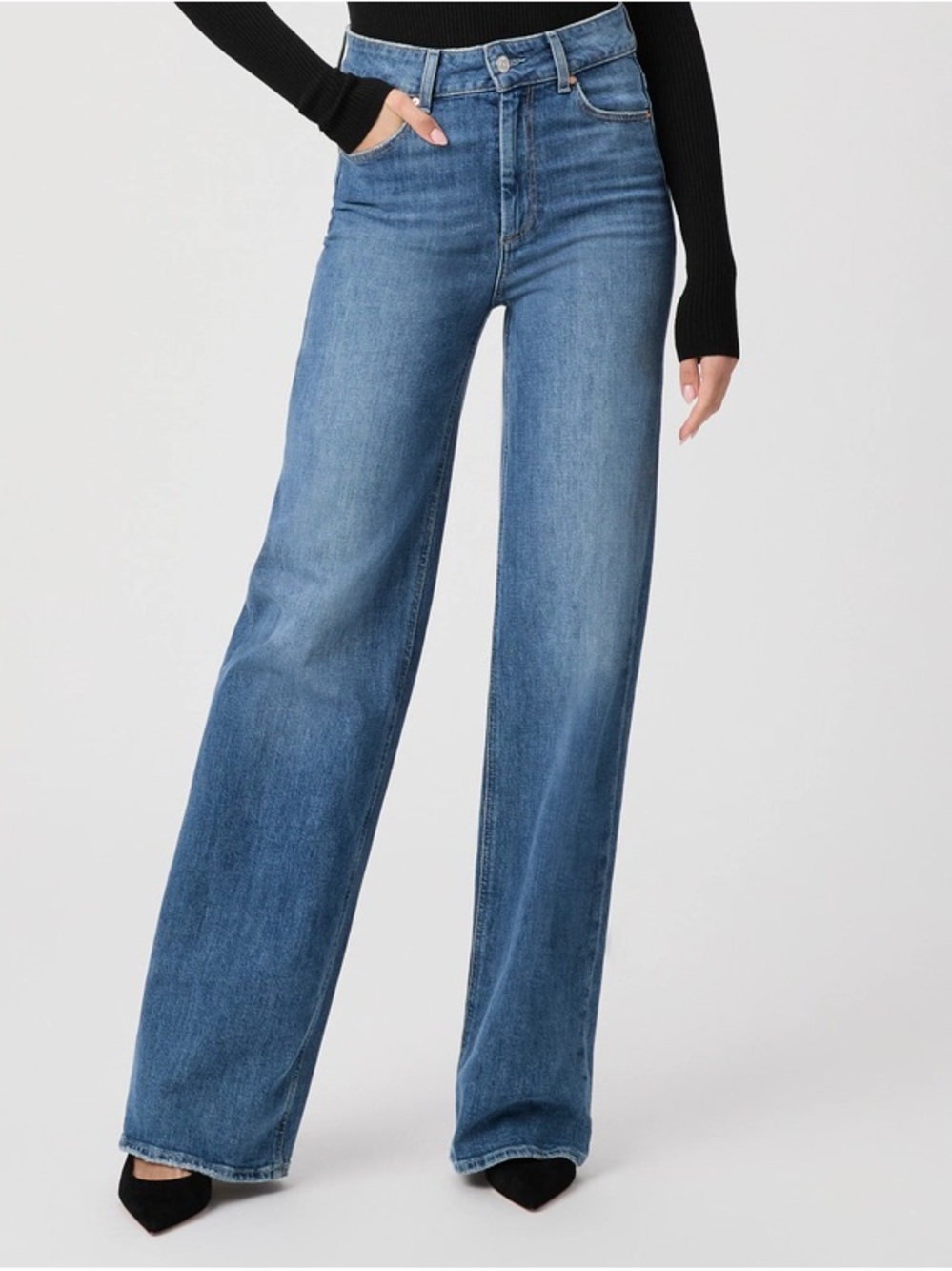 PAIGE Mid-Blue High-Rise Wide Leg Jeans - Picture 1 of 4